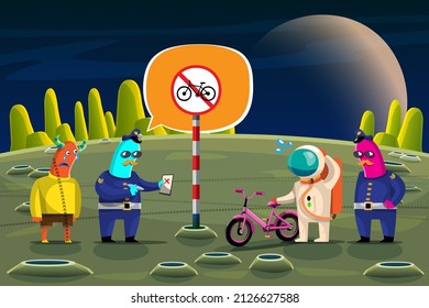 Astronauts Break Traffic Rules In Space The Space Police Gave Him An Bill. Flat Vector Illustration Character Design