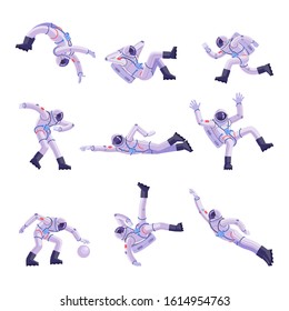 Astronauts characters set in flat cartoon style. Person, human spaceman. Presentation in various action with emotions, running, standing and walking, flying, playing, jump, stuntman, swims.