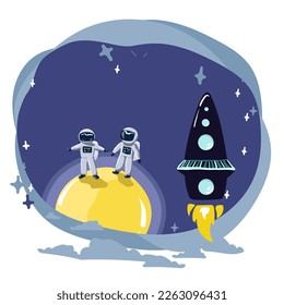 Astronauts characters set in flat cartoon style. Human spaceman and a cute extraterrestrial. Set of universe infographic vector illustration with rocket, satellite, space station, planets, stars, sun