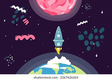 Astronauts characters set in flat cartoon style. Human spaceman and a cute extraterrestrial. Set of universe infographic vector illustration with rocket, satellite, space station, planets, stars, Mars