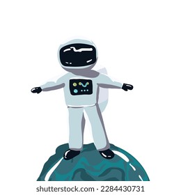 Astronauts characters set in flat cartoon style. Human spaceman and a cute extraterrestrial. Set of universe infographic vector illustration with rocket, satellite, space station, planets, stars,