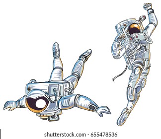 Astronauts characters set Hand drawn style. human spaceman.Astronauts fly in The space and atmosphere background.Astronaut in outer space over the planet earth.Hand drawn space suit.