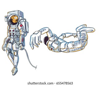 Astronauts characters set Hand drawn style. human spaceman.Astronauts suit vector.Astronauts fly in The space and atmosphere background.Astronaut in outer space over the planet earth.Hand drawn space 