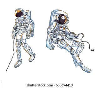Astronauts characters set Hand drawn style. human spaceman.