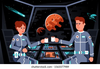 Astronauts in the cockpit of spaceship. Man and woman crew of the spacecraft approaching Mars. Control panel of space shuttle. Vector illustration.