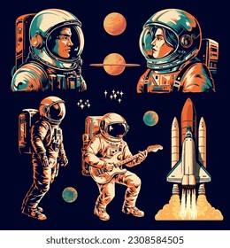 Astronauts colorful vintage set stickers space heroes and galactic musician with guitar near shuttle for flights between planets vector illustration