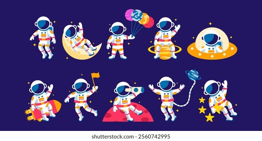 Astronauts concept flat illustration set. Includes of space exploration, human spaceflight, and spacewalks. Vector illustration isolated transparent background