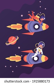 astronauts couple in rockets space scene vector illustration design
