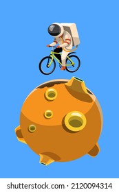 Astronauts cycle around the planet to admire the scenery and explore minerals. Flat vector illustration design