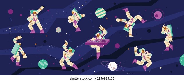 Astronauts dance and play music on DJ mixing console on disco or electro party. Horizontal flyer with dancing spacemen in spacesuits isolated on space background in flat vector illustration