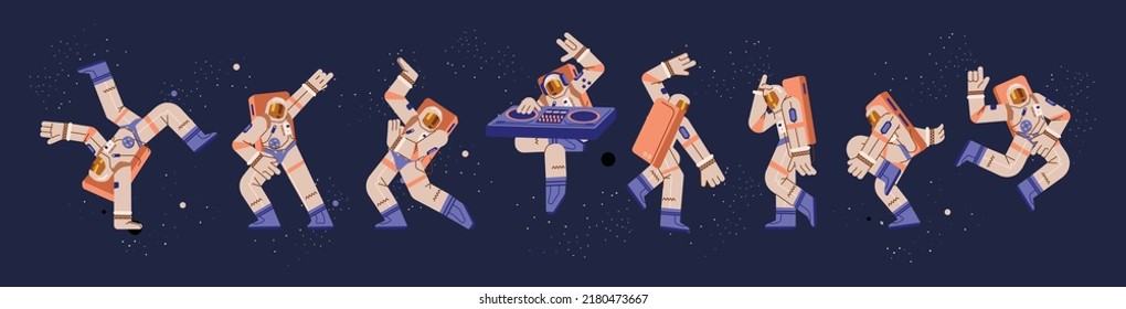 Astronauts dance and play music on DJ mixing console in flat vector illustration. Set of different dancing spacemen in spacesuits isolated on space background. Disco, electro music party