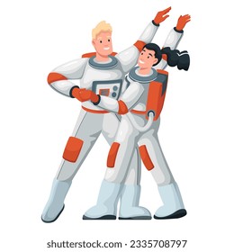 Los astronautas bailan ilustraciones vectoriales. Caricatura aislada hombre y mujer gracioso bailando disco retro en una fiesta de música cósmica dentro de una nave espacial, feliz pareja de jóvenes cosmonautas bailarinas en espacios