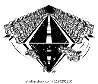 Astronauts in deep space tattoo and t-shirt design. Universe research symbol, disembarkation to other planets 