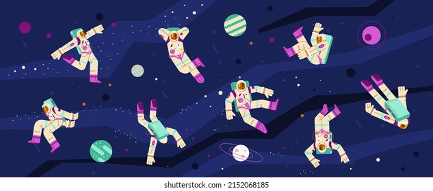 Astronauten in verschiedenen Posen fliegen im Weltraum flach, Vektorgrafik. Weltraumanzug mit Sauerstofftank, Planeten und Sternen. Spaceman-Charaktere, die Kosmos erforschen