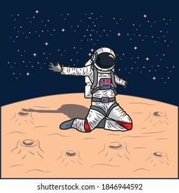 astronauts doing celebration on the moon - handrawn illustration for poster, wallpaper, etc