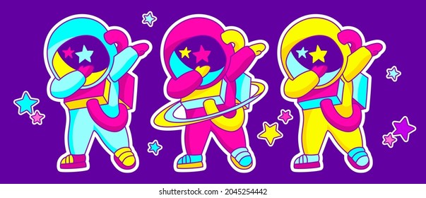 Astronauts doing dabbing dance move in the outer space with stars. Character fun concept for t-shirt template, Isolated editable patches.