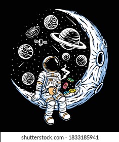 Astronauts drinking coffee and eating donuts on the moon illustration