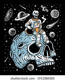 Astronauts drinking coffee on skull planet illustration