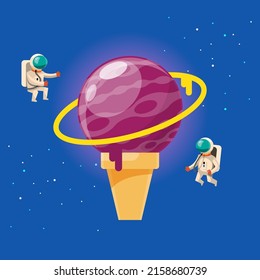 Astronauts explore a new asteroid in space shaped like an ice cream cone and with a yellow ring.