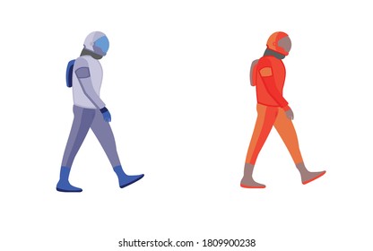 Astronauts explorer walking on white background. Future moon, mars red planet exploration mission crew. Astronauts in space suit with helmet. Vector Illustration