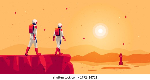 Astronauts explorers walking on mars surface ground mountain landscape with space starship rocket vehicle on launchpad. Future red planet colonisation exploration mission. Starman building colony.