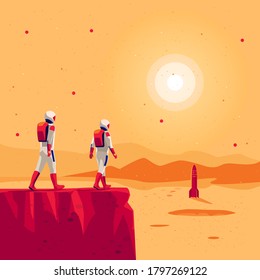 Astronauts explorers walking on mars surface ground mountain landscape with space starship rocket vehicle on launchpad. Future red planet colonisation exploration mission. Starman building colony.