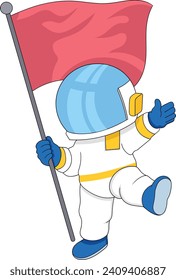 astronauts are exploring the galaxy and carrying flags to target destinations, cartoon flat illustration