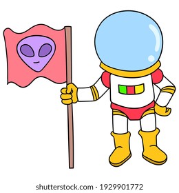astronautas explorando el espacio llevando una bandera alienígena, ilustración vectorial art. doodle imagen kawaii.
