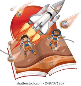 Astronauts exploring space from an open book