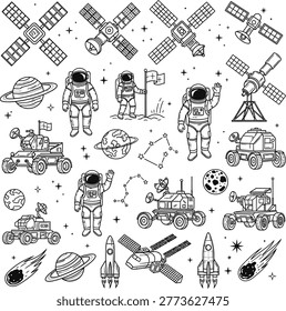 Astronauts Exploring Space with Satellites and Planets