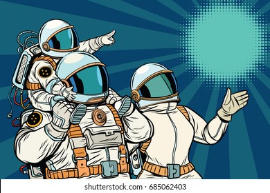 Astronauts family, father mother and child. Space travel. Pop art retro vector illustration