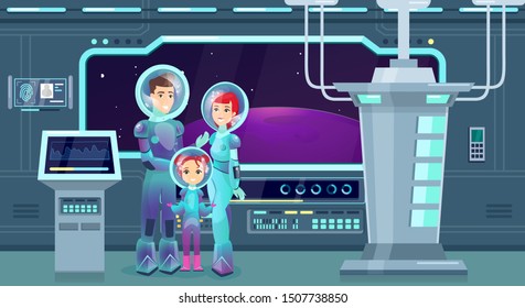 Astronauts family flat vector illustration. Cheerful mother, father and daughter in spacesuits cartoon characters. Happy couple with kid on cosmic adventure. Space explorers, futuristic tourism.