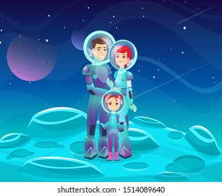 Astronauts family flat vector illustration. Cheerful mother, father and daughter cartoon characters. Happy couple with kid on cosmic adventure. Space explorers, futuristic tourism.