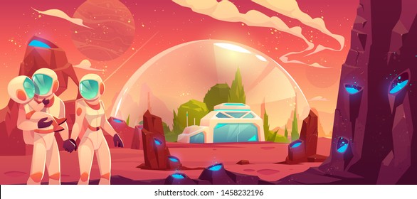 Astronauts family on red planet surface background, father mother and child in space suits stand at station or bunker under transparent spherical dome, colonization concept Cartoon vector illustration