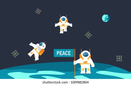 Astronauts with the flag. Word-peace