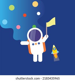 Astronauts flagged, behind themwere stars and spacecrafts. 