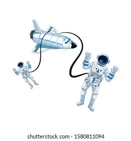 Astronauts flies with space shuttle icon over white background, vector illustration