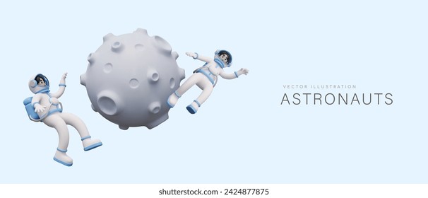 Astronauts float in zero gravity near cratered planet. Male characters in spacesuits in outer space