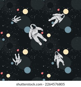Astronauts floating in abstract space seamless pattern with planet and stars behind