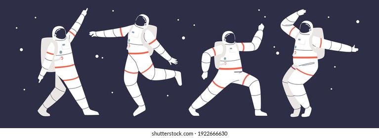 Astronauts floating in open space: set of funny spacemen wearing space suits in different poses over galaxy background. Cartoon flat vector illustration