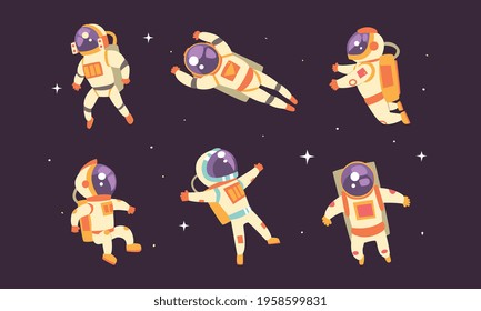 Astronauts Floating in Outer Space Set, Spaceman in Spacesuit Performing Extravehicular Activity Vector Illustration