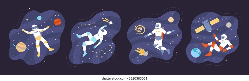 Astronauts floating in space in different poses set vector illustration. Cartoon spaceman in helmet and spacesuit flying between satellite and planets of solar system, shooting star and asteroid