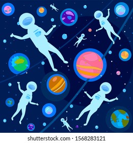 Astronauts fly around the planets.