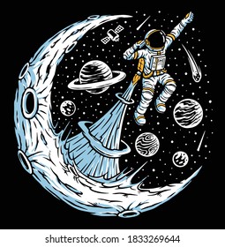 Astronauts fly from the moon into space illustration