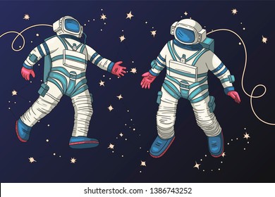 Astronauts fly in outer space. Cosmos research vector illustration.Template with comic sign with a spaceman among constellations. Travelers in vacuum.