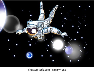 Astronauts fly in The space and atmosphere background