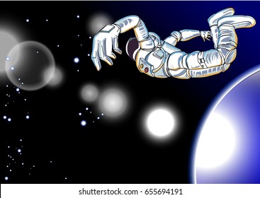 Astronauts fly in The space and atmosphere background