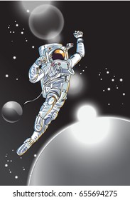 Astronauts fly in The space and atmosphere background.Astronaut in outer space over the planet earth.Hand drawn space suit.