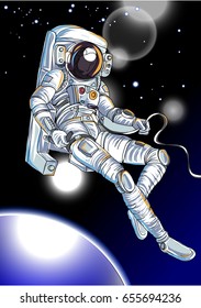 Astronauts fly in The space and atmosphere background.Astronauts fly in The space and atmosphere background.Astronaut in outer space over the planet earth.Hand drawn space suit.