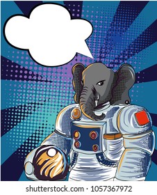 Astronauts fly in The space and atmosphere background.Comic Elephant in space suit Halftone and Pop art style.